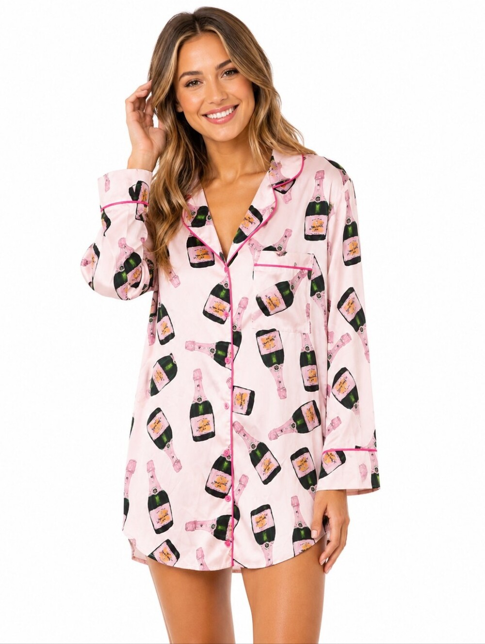 SHESHOW Pink Champagne Bottle Pajama Sleep Shirt Nightgown Women’s Medium